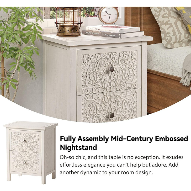 Levera Farmhouse Fully Assembled 2 Drawer Nightstand Distressed White Washed End Table
